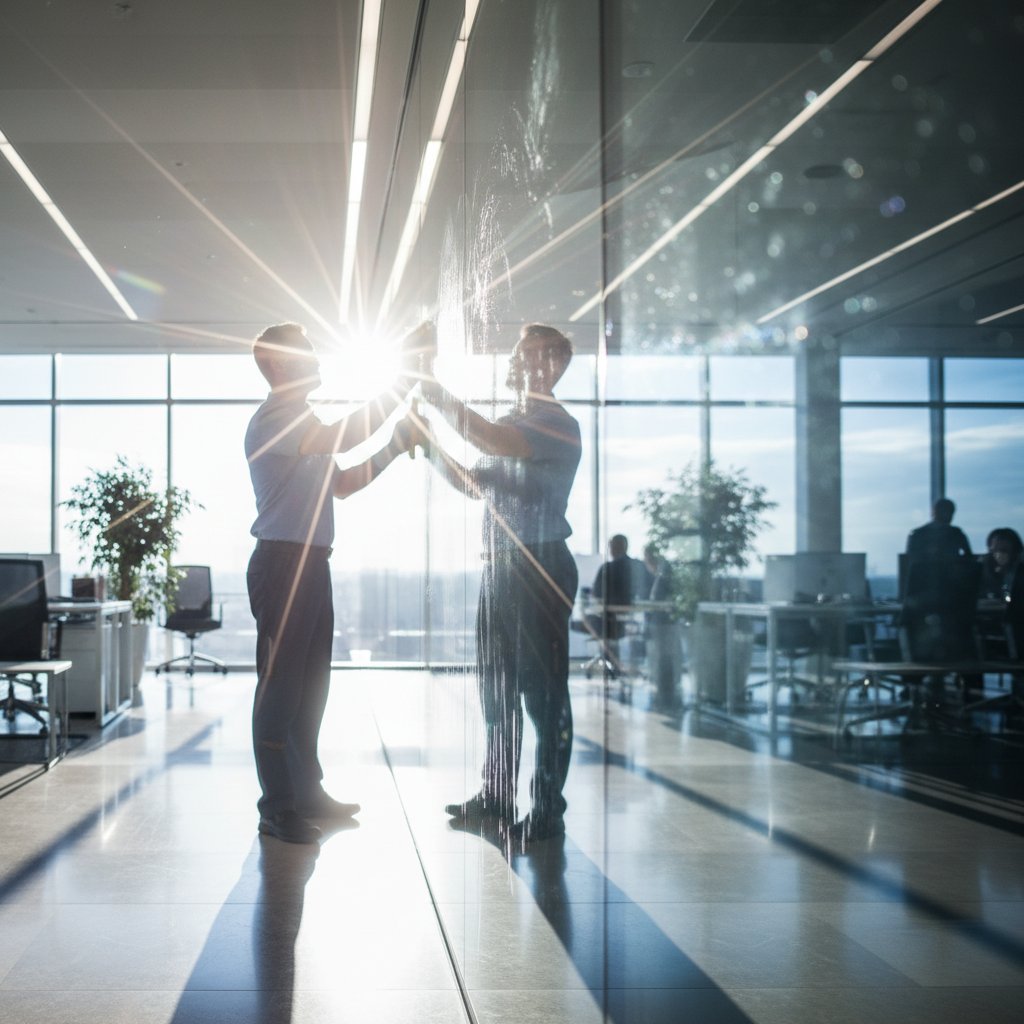 Professional cleaning team working in modern London office space